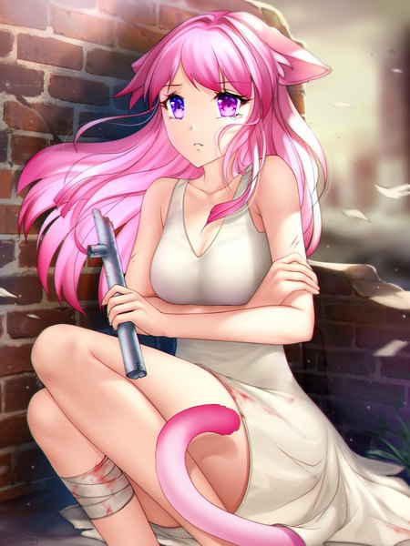 Anime picture 750x1000 with original gigamessy single long hair tall image looking at viewer fringe sitting purple eyes bare shoulders holding animal ears payot pink hair bent knee (knees) tail parted lips animal tail pink eyes wind