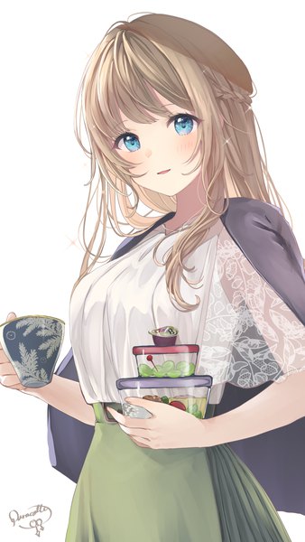 Anime picture 1000x1776 with original puracotte single long hair tall image looking at viewer blush fringe open mouth blue eyes simple background blonde hair standing white background holding signed payot braid (braids) light smile sparkle