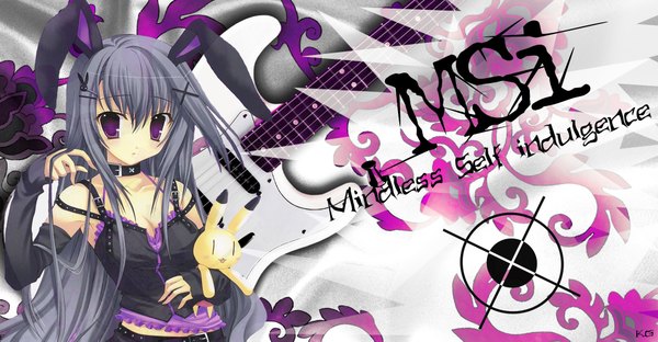Anime picture 2000x1043 with k.g long hair highres wide image purple eyes pink eyes grey hair bunny ears goth-loli girl hair ornament detached sleeves toy collar stuffed animal bunny hairpin (hairpins)