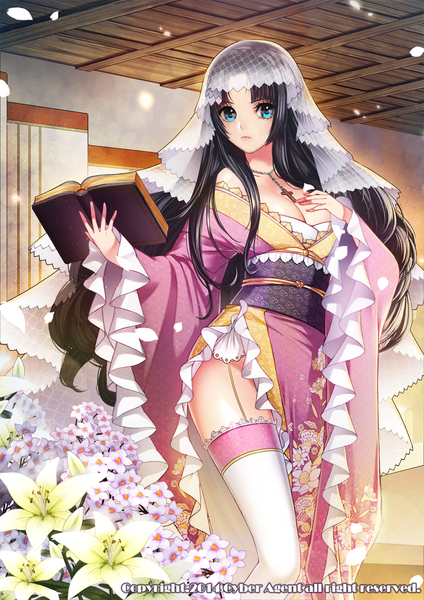 Anime picture 1085x1535 with original garam single long hair tall image looking at viewer blue eyes black hair traditional clothes japanese clothes girl thighhighs flower (flowers) petals white thighhighs kimono obi