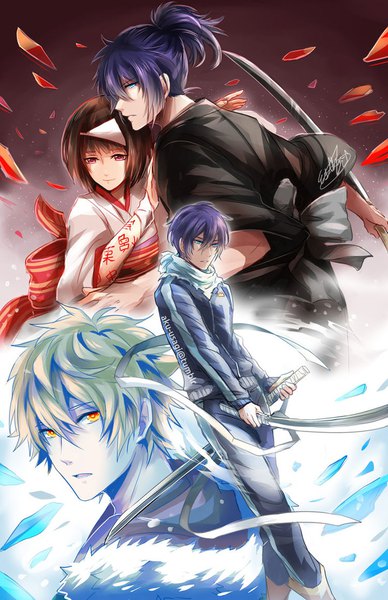 Anime picture 719x1111 with noragami studio bones yato (noragami) yukine (noragami) nora (noragami) evil-usagi tall image fringe short hair breasts blue eyes blonde hair hair between eyes brown hair standing holding yellow eyes purple hair ponytail traditional clothes