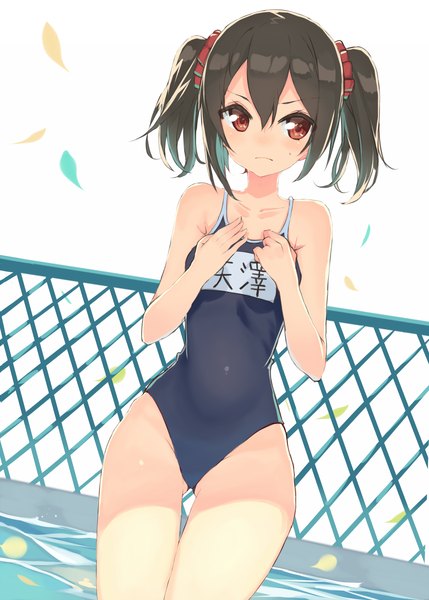 Anime picture 1295x1812 with love live! school idol project sunrise (studio) love live! yazawa nico hajime kaname single tall image blush short hair light erotic black hair red eyes twintails looking away mole embarrassed short twintails girl swimsuit water
