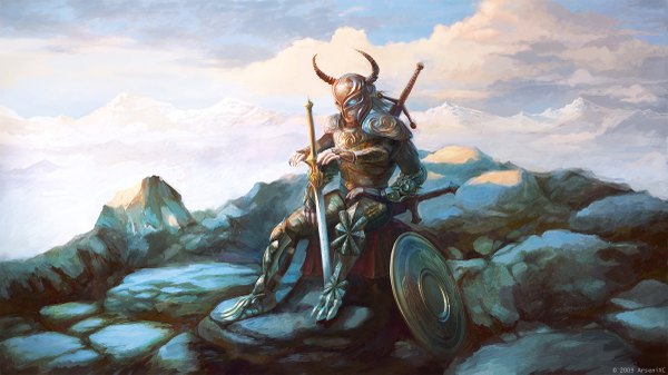 Anime picture 1200x675 with original arsenixc long hair blue eyes wide image sitting sky cloud (clouds) horn (horns) mountain extra arms weapon sword armor helmet shield
