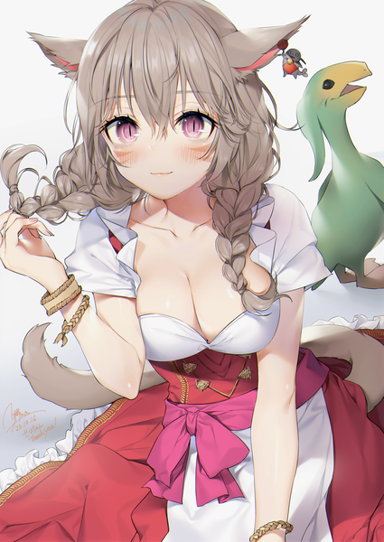 Anime picture 1287x1818 with final fantasy final fantasy xiv square enix miqo'te yana mori single long hair tall image looking at viewer blush fringe breasts light erotic simple background hair between eyes red eyes brown hair white background sitting animal ears