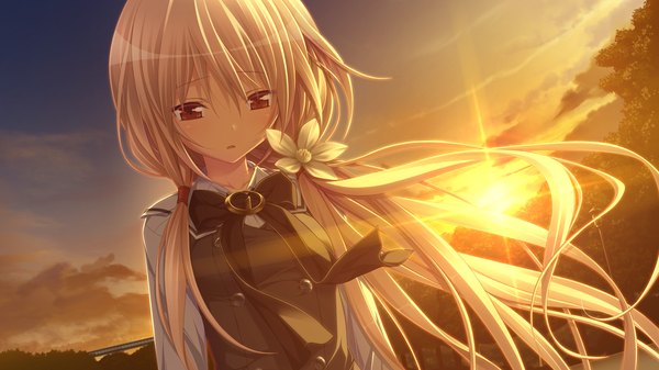 Anime picture 1280x720 with chrono clock kuro (chrono clock) koku single long hair looking at viewer blush red eyes wide image game cg sky cloud (clouds) white hair hair flower evening sunset girl uniform hair ornament flower (flowers)