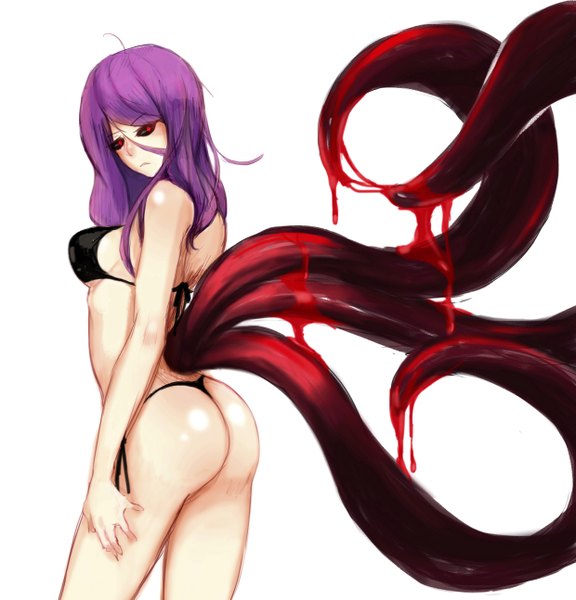 Anime picture 2480x2586 with tokyo ghoul studio pierrot kamishiro rize sorairome single long hair tall image looking at viewer blush fringe highres breasts light erotic red eyes bare shoulders purple hair ass bare legs sideboob bare back