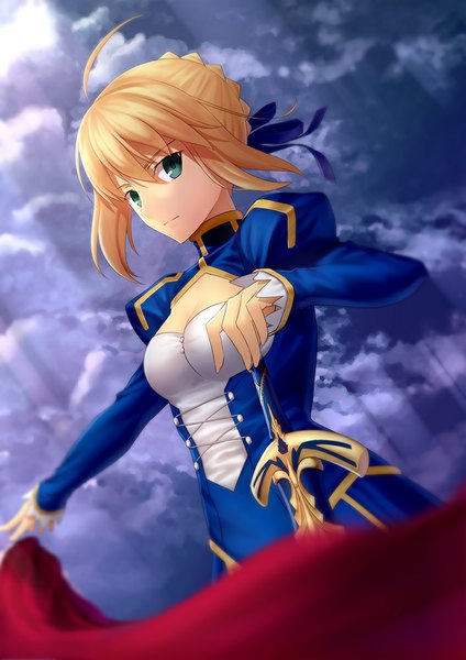 Anime picture 707x1000 with fate (series) fate/stay night type-moon artoria pendragon (all) saber kai (link2262) single tall image looking at viewer short hair blue eyes blonde hair sky cloud (clouds) girl dress weapon sword