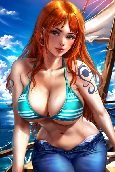Anime-Bild 2756x4134 mit one piece toei animation nami (one piece) logan cure single long hair tall image blush highres breasts light erotic large breasts standing looking away sky cloud (clouds) outdoors orange hair realistic arm support