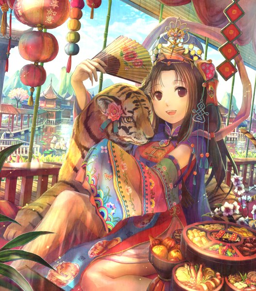 Anime picture 1282x1460 with original fuzichoco long hair tall image open mouth brown hair sitting brown eyes detailed girl hair ornament flower (flowers) detached sleeves animal food sweets fan house tiger