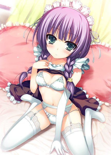 Anime picture 3118x4351 with akatsuki no goei tsuki tomose shunsaku single long hair tall image blush highres light erotic sitting green eyes absurdres purple hair braid (braids) maid twin braids wariza girl thighhighs gloves