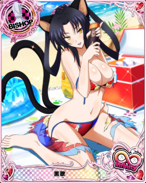 イラスト 640x800 と ハイスクールD×D kuroka (high school dxd) ソロ 長髪 長身像 カメラ目線 赤面 おっぱい 開いた口 light erotic 黒髪 獣耳 黄色眼 尻尾 animal tail 猫耳 cat girl cat tail ビーチ torn clothes