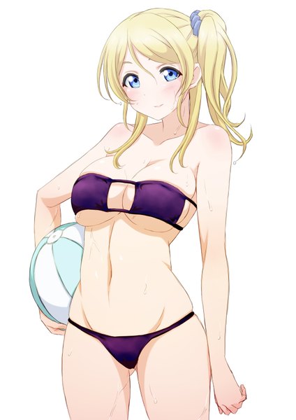 Anime picture 1240x1754 with love live! school idol project sunrise (studio) love live! ayase eli ayumu-k single long hair tall image looking at viewer blush breasts blue eyes light erotic simple background blonde hair large breasts white background ponytail light smile side ponytail