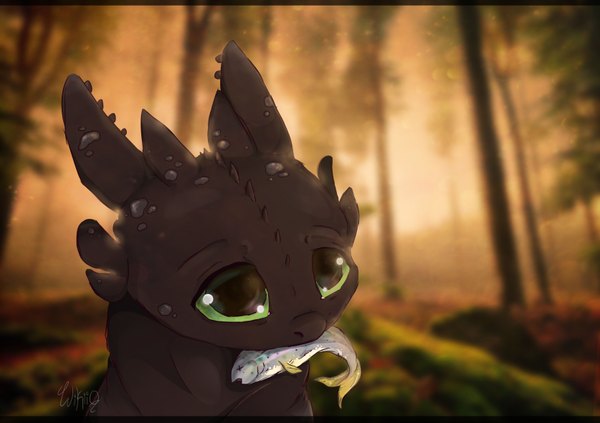 Anime picture 6692x4724 with how to train your dragon dreamworks toothless wikiio looking at viewer highres green eyes animal ears absurdres no people sad sunrise tree (trees) fish (fishes) forest dragon scales