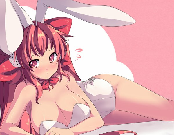 Anime picture 1000x777 with di gi charat madhouse usada hikaru rabi en rose saiste single long hair blush breasts light erotic red eyes large breasts animal ears looking away red hair bunny ears girl bunnysuit corset dice