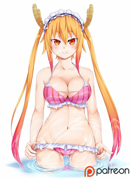 Anime picture 680x932 with kobayashi-san chi no maidragon kyoto animation tooru (maidragon) rixch single long hair tall image looking at viewer blush fringe breasts light erotic simple background blonde hair smile hair between eyes large breasts standing white background twintails