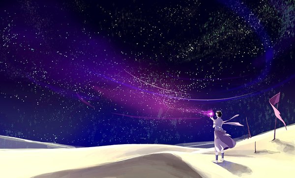 Anime picture 1024x621 with original yoeah (artist) single short hair black hair wide image barefoot wind shadow night sky sand desert boy star (stars) flag