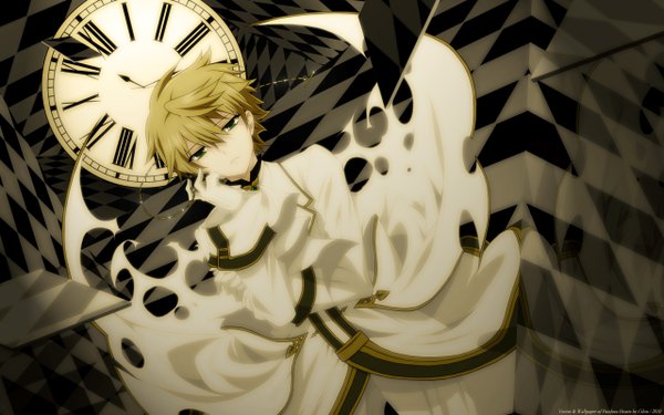 Anime picture 2560x1600 with pandora hearts xebec oz vessalius cilou (artist) single highres short hair blonde hair wide image green eyes checkered background boy clock