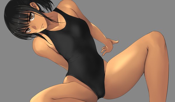 Anime picture 1146x667 with original takebouzu single long hair looking at viewer blush light erotic black hair simple background wide image bare shoulders ponytail black eyes grey background arm support bare legs spread legs dark skin arm behind back girl