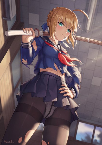 Anime picture 1240x1754 with fate (series) fate/stay night artoria pendragon (all) saber master artoria mool yueguang single tall image looking at viewer blush fringe short hair light erotic blonde hair hair between eyes standing holding signed ahoge indoors