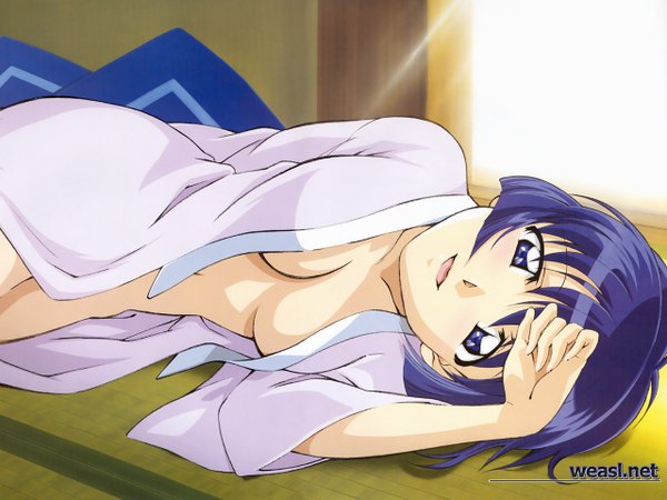 Anime picture 1280x960 with ai yori aoshi j.c. staff sakuraba aoi single looking at viewer fringe short hair breasts open mouth light erotic hair between eyes purple eyes purple hair lying sunlight inscription text english sunbeam naked shirt