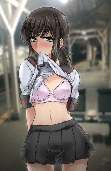 Anime-Bild 1785x2732 mit kantai collection fubuki destroyer akito (sub707) single long hair tall image looking at viewer blush fringe highres breasts light erotic black hair standing holding green eyes payot pleated skirt blurry short sleeves