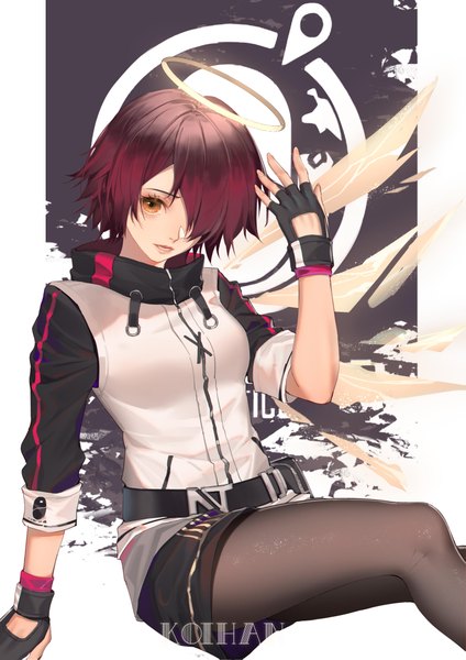 Anime picture 2894x4093 with arknights exusiai (arknights) koi han single tall image looking at viewer fringe highres short hair breasts open mouth simple background sitting signed yellow eyes red hair arm up hair over one eye arm support single wing