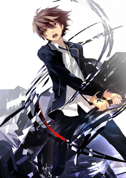 Anime picture 1280x1810 with guilty crown production i.g ouma shu redjuice single tall image highres open mouth red eyes brown hair open clothes open jacket official art tattoo boy uniform weapon school uniform necktie