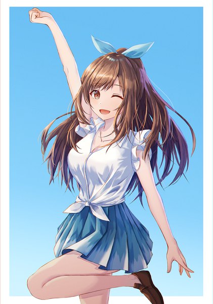 Anime picture 1200x1709 with idolmaster idolmaster shiny colors tsukioka kogane lkeris single long hair tall image looking at viewer open mouth simple background brown hair standing brown eyes ponytail pleated skirt one eye closed arm up wink sleeveless border