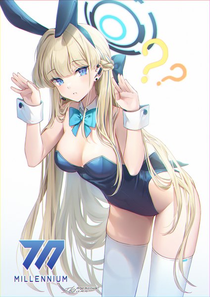 Anime picture 919x1300 with blue archive toki (blue archive) toki (bunny) (blue archive) ika (4801055) single tall image looking at viewer breasts blue eyes light erotic simple background blonde hair white background animal ears cleavage very long hair leaning bunny ears leaning forward official alternate costume