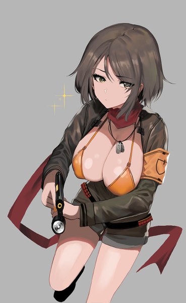 Anime picture 1525x2480 with original ihobus single tall image looking at viewer fringe short hair breasts light erotic simple background hair between eyes brown hair holding yellow eyes cleavage long sleeves nail polish fingernails grey background huge breasts