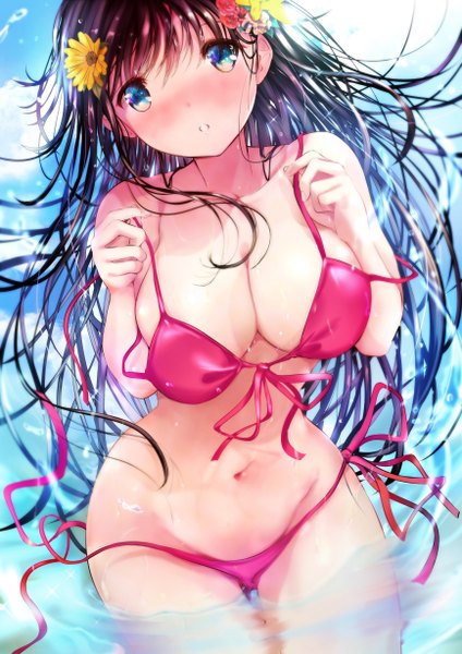 Anime picture 1736x2456 with original ogata tei single long hair tall image looking at viewer blush fringe highres breasts blue eyes light erotic hair between eyes brown hair large breasts bare shoulders holding payot sky cloud (clouds)