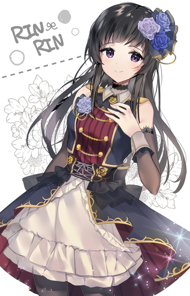 Anime picture 1000x1553 with bang dream! shirokane rinko yuhi (hssh 6) single long hair tall image looking at viewer blush fringe black hair simple background smile standing white background purple eyes payot blunt bangs hair flower sparkle text