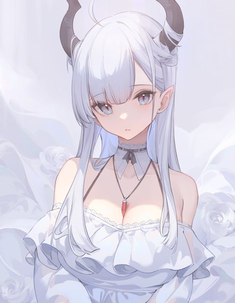 Anime picture 1262x1624 with original thea (nekojira) nekojira single long hair tall image looking at viewer blush fringe breasts blue eyes large breasts bare shoulders silver hair upper body ahoge parted lips horn (horns) pointy ears off shoulder