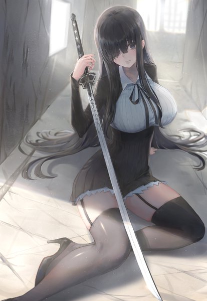 Anime picture 3528x5120 with original pigone single long hair tall image looking at viewer blush fringe highres breasts black hair large breasts sitting holding absurdres indoors long sleeves head tilt pleated skirt black eyes