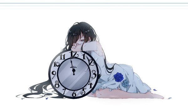 Anime picture 1126x645 with original sofra single long hair fringe blue eyes black hair simple background wide image white background sitting looking away barefoot hair over one eye short sleeves shiny skin arched back covered mouth yokozuwari sad