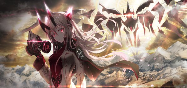 Anime picture 4553x2150 with original tsumi no hahen (debris) bae.c single long hair looking at viewer fringe highres hair between eyes red eyes wide image twintails holding absurdres sky silver hair cloud (clouds) upper body outdoors arm up