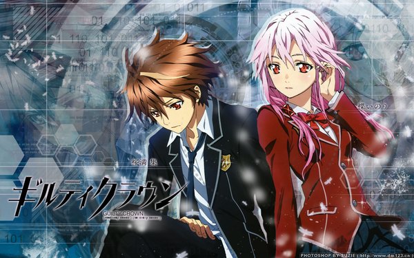 Anime picture 1920x1200 with guilty crown production i.g yuzuriha inori ouma shu long hair highres short hair red eyes brown hair wide image brown eyes pink hair inscription couple girl boy uniform school uniform suit