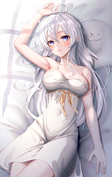 Anime picture 3100x4900 with majo no tabitabi elaina (majo no tabitabi) eichi (skskdi12z) single long hair tall image looking at viewer blush fringe highres breasts blue eyes hair between eyes absurdres silver hair ahoge lying arm up sparkle on back