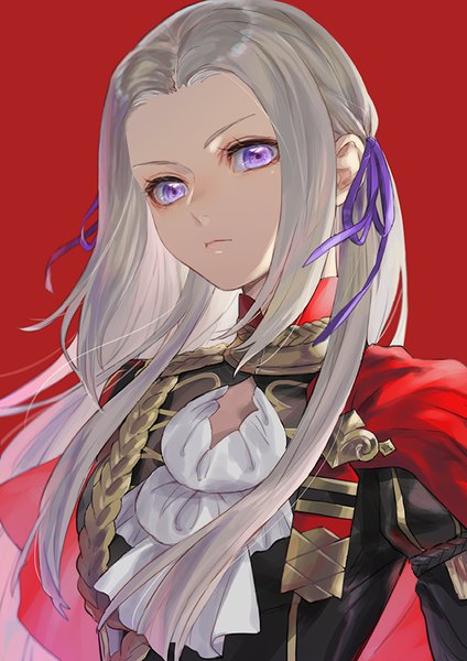 Anime picture 600x849 with fire emblem fire emblem: three houses nintendo edelgard von hresvelg isa (peien516) single long hair tall image looking at viewer simple background purple eyes silver hair upper body red background girl ribbon (ribbons) hair ribbon