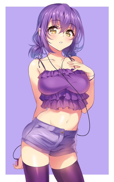 Anime picture 816x1298 with original senri gan single tall image looking at viewer blush fringe short hair breasts simple background hair between eyes large breasts standing twintails bare shoulders yellow eyes payot purple hair parted lips bare belly