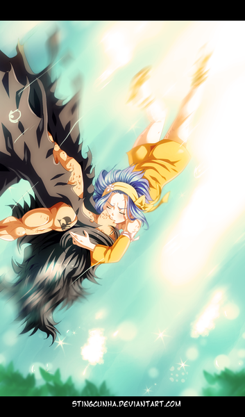 Anime picture 1308x2220 with fairy tail gajeel redfox levy mcgarden stingcunha long hair tall image short hair black hair blue hair eyes closed sunlight tattoo sleeveless couple piercing coloring torn clothes letterboxed underwater muscle