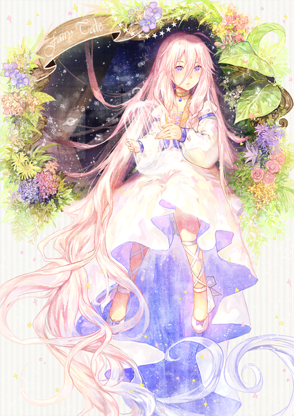 Anime picture 700x990 with vocaloid ia (vocaloid) no.18 single tall image fringe hair between eyes sitting purple eyes looking away pink hair full body ahoge braid (braids) very long hair multicolored hair twin braids gradient hair striped background girl