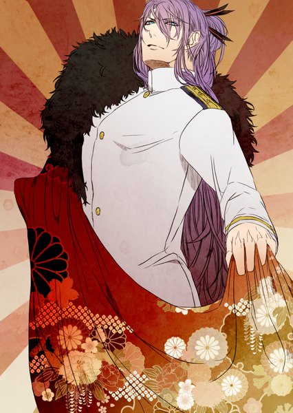 Anime picture 1240x1748 with vocaloid kamui gakupo amane0623 single long hair tall image blue eyes looking away purple hair ponytail boy uniform ribbon (ribbons) hair ribbon fur military uniform