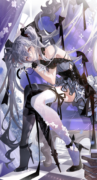 Anime picture 1621x3000 with original arutera single long hair tall image looking at viewer fringe hair between eyes sitting purple eyes twintails silver hair full body indoors parted lips head tilt high heels frilled dress checkered floor floor