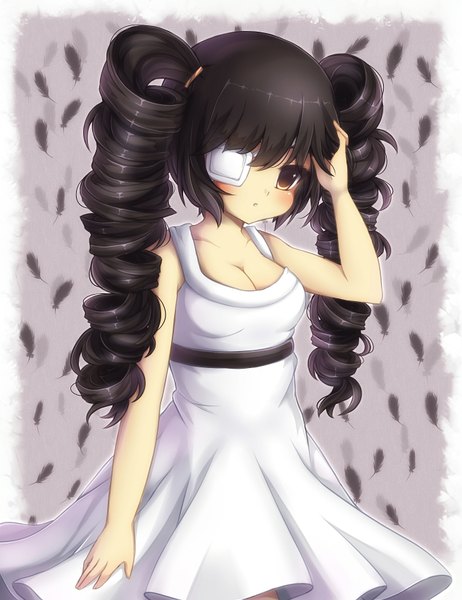 Anime picture 1312x1702 with midna01 single long hair tall image looking at viewer blush fringe breasts black hair standing twintails brown eyes :o sleeveless drill hair border outside border girl dress white dress