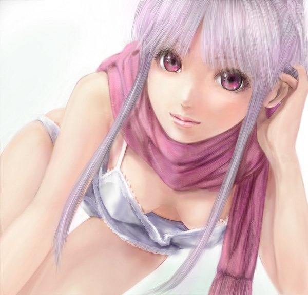 Anime picture 1040x1000 with original mamoru (mamoru jinja) single long hair breasts light erotic simple background white background purple eyes bare shoulders cleavage purple hair lips legs girl underwear panties scarf