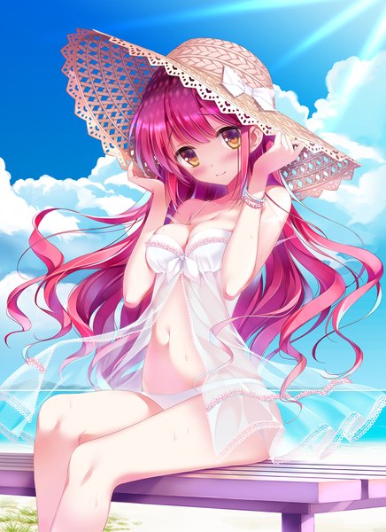 Anime picture 1248x1714 with original kimishima ao single long hair tall image looking at viewer blush breasts light erotic sitting brown eyes sky cloud (clouds) red hair light smile beach girl navel underwear panties