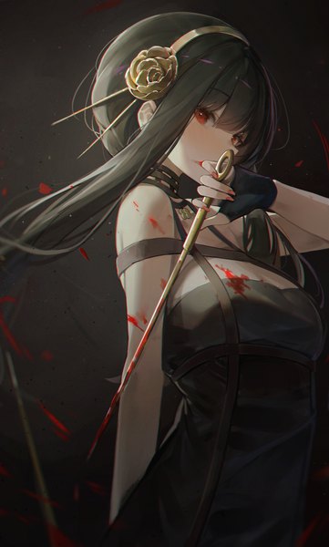 Anime picture 1804x3000 with spy x family yor briar lunia single long hair tall image looking at viewer blush fringe highres breasts black hair simple background hair between eyes red eyes cleavage nail polish arm up hair flower fingernails