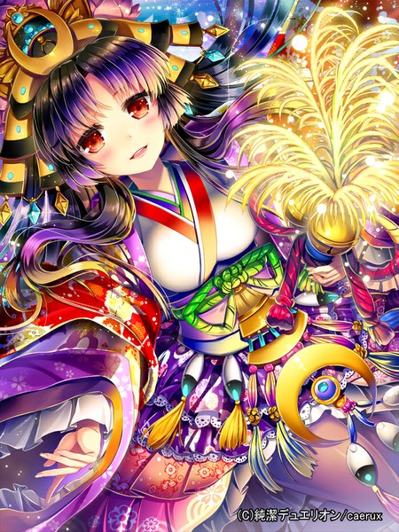 Anime picture 700x933 with junketsu duelion ells (ellsat) single long hair tall image blush short hair open mouth smile purple hair traditional clothes japanese clothes orange eyes girl belt kimono bell jewelry jingle bell