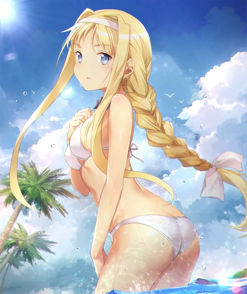 Anime picture 1500x1783 with sword art online sword art online: alicization a-1 pictures alice zuberg taro (ultrataro) single long hair tall image looking at viewer blush fringe breasts blue eyes light erotic blonde hair large breasts standing payot sky cloud (clouds)